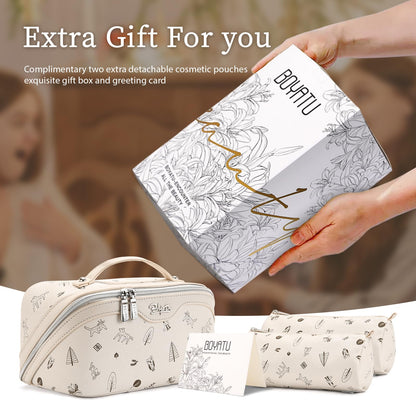 BOYATU Travel Makeup Bag Cosmetic Bags for Women: 3 Pcs Set Portable Make up Bag with Handle - PU Leather Toiletry Bags with Compartments - Makeup Organizer for Travel Essentials(L-4-White)