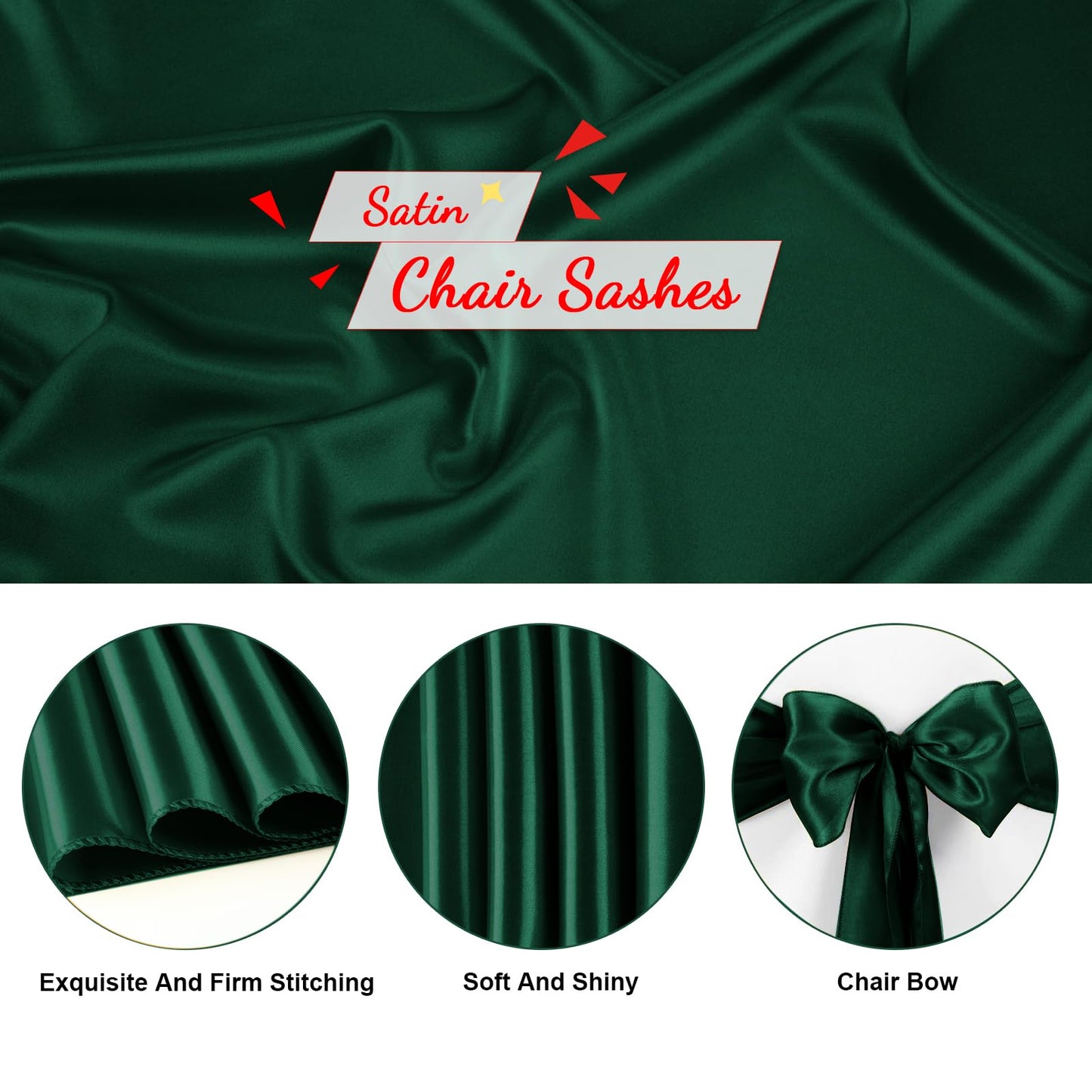Bouiexye 10 PCS Forest Green Satin Chair Sashes Bows Universal Chair Ribbon Ties Back Sash for Wedding Party Reception Events Banquets Hotel Event Chair Cover Decoration (7x108 inch)