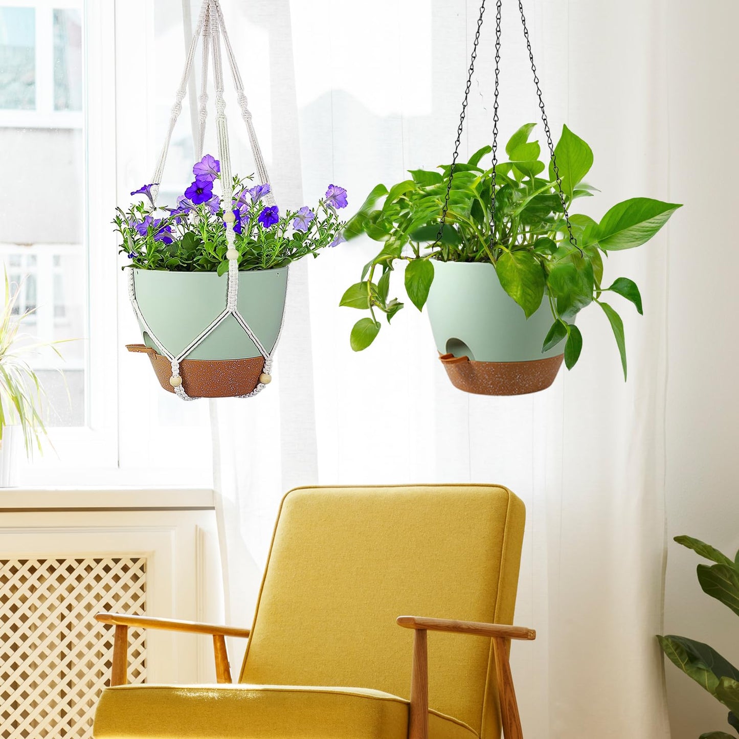 Meowell 10 inch Self Watering Hanging Planters for Indoor Plants, 2 Pack Hanging Baskets for Outdoor Plants, Hanging Flower Pots with Drainage Holes & 2 Kinds of Plant Hangers for Home Decor, Green