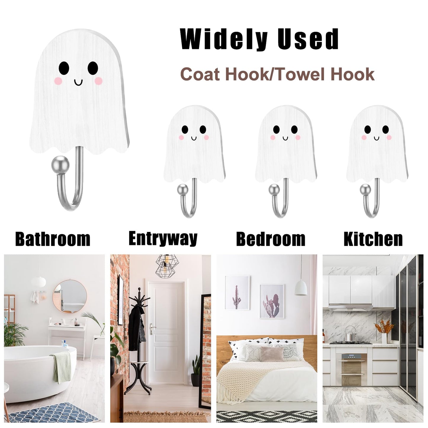 Whaline 6Pcs Halloween Ghost Hooks Cute Ghost Wood Coat Hook Decorative Towel Hanger Wall Mounted for Home Bathroom Bedroom Kitchen Entryway Decor