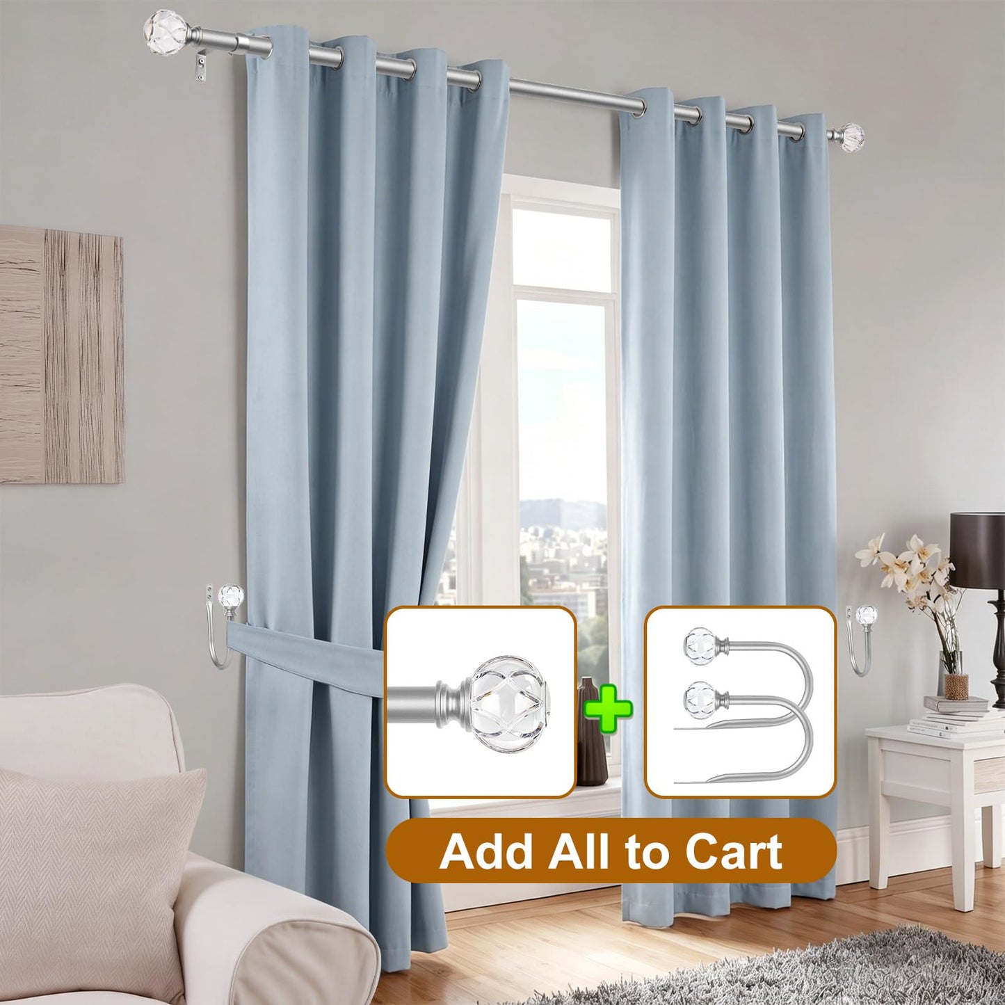 KAMANINA Curtain Holdbacks 2pcs, Silver Curtain Tiebacks Wall Mounted Window Curtains Hooks, Decorative Holders for Drapes with Crystal Finials(5.4" L × 4.1" W)