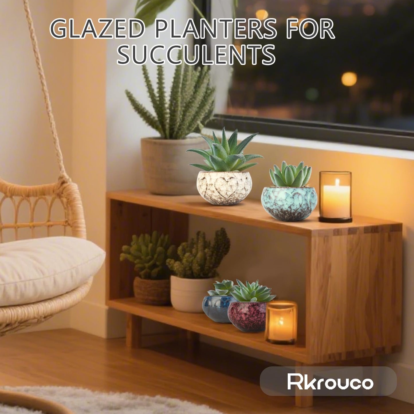 Rkrouco Ceramic Plants Pots 3 Inch Set of 4 Flower Pots with Drainage and Bamboo Tray for Indoor/Outdoor Small House Plants,Foliage Plant