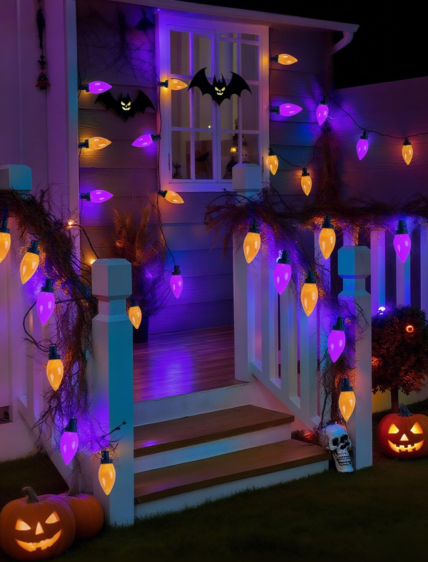 C9 Halloween String Lights Outdoor, 26.4Ft C9 Halloween Decorations with 50 LED Orange and Purple Lights, Extendable Hanging Plug in Christmas Night Lights for Party, Patio, Outside Yard, House Decor