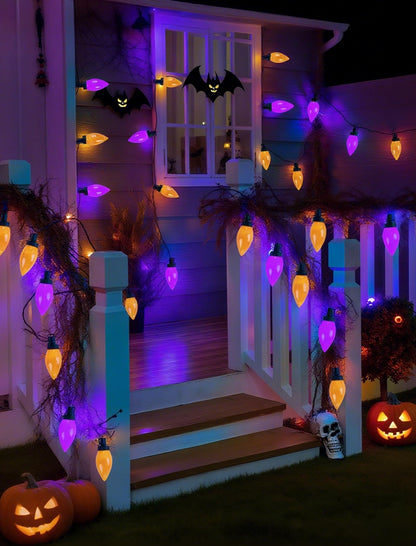 C9 Halloween String Lights Outdoor, 26.4Ft C9 Halloween Decorations with 50 LED Orange and Purple Lights, Extendable Hanging Plug in Christmas Night Lights for Party, Patio, Outside Yard, House Decor