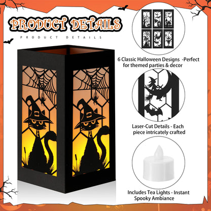 Riakrum 6 Pcs Halloween Table Decorations Table Centerpieces Boxes with Battery Operated Candle Holders Ghost Spiders Bat Silhouette Sketch Paper Lantern Boxes for Movie Night Party (Yellow Light)