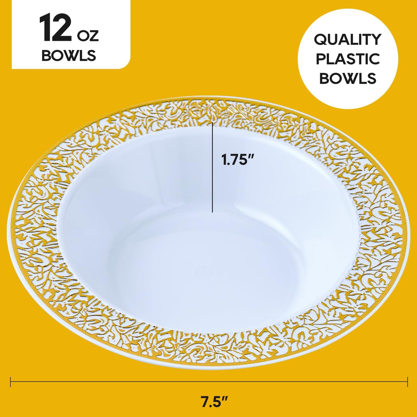 JOLLY PARTY 60 Disposable Gold Plastic Dessert Bowls, 12 oz Soup Bowls, Lace Christmas Thanksgiving Trim, Premium Heavy Duty Plastic Bowl for Wedding/Party (Gold)