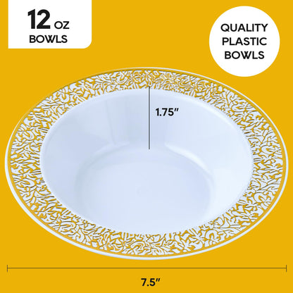 JOLLY PARTY 60 Disposable Gold Plastic Dessert Bowls, 12 oz Soup Bowls, Lace Christmas Thanksgiving Trim, Premium Heavy Duty Plastic Bowl for Wedding/Party (Gold)