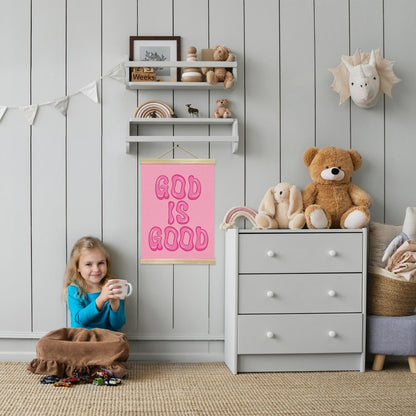 You found a duck God Is Good Wall Art Poster,Pink Bubble Letter Christian Wall Art Decor for Bedroom Nursery Playroom,Inspirational Bible Verse Canvas Hanging Poster 14x18.5Inch (LKY02)