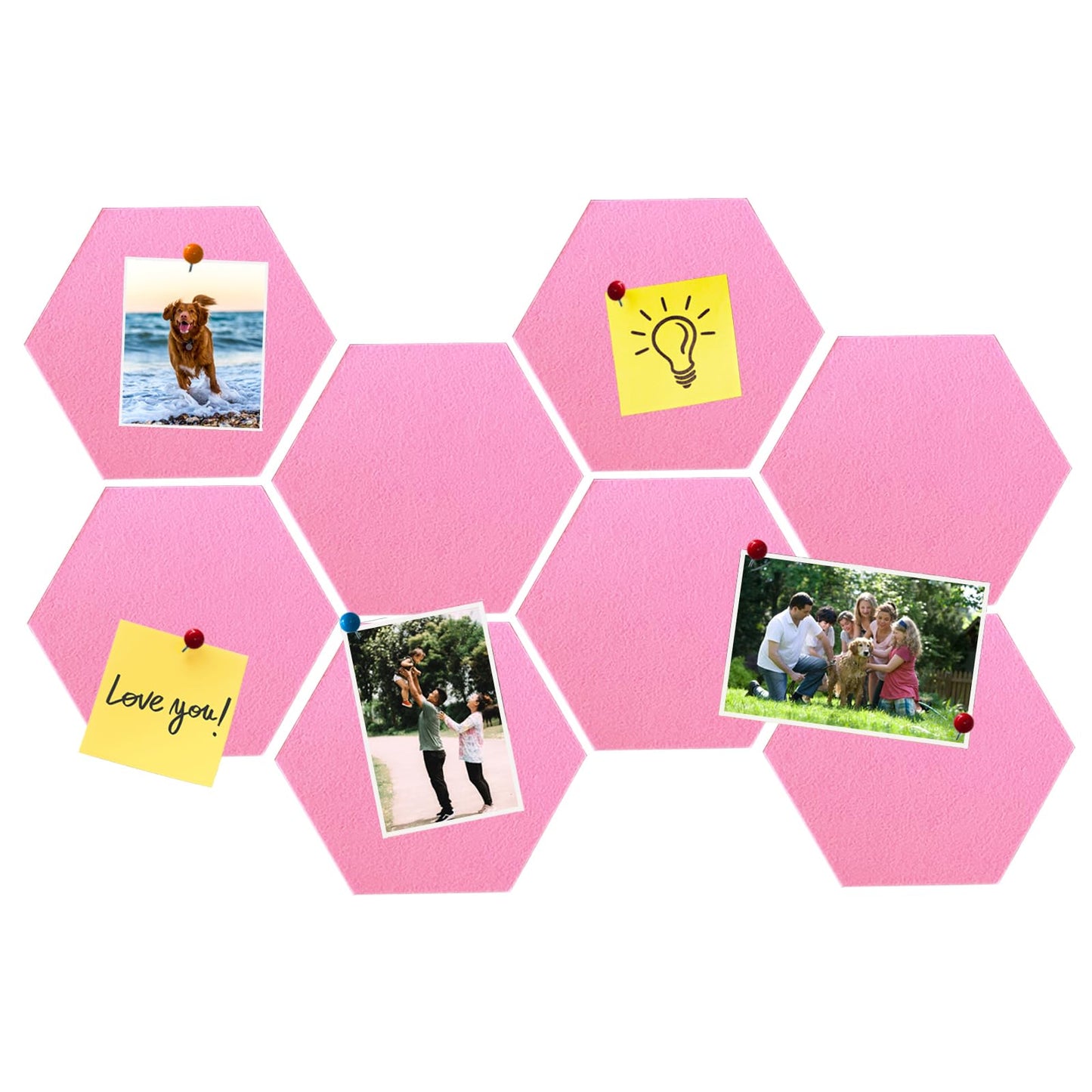 HULAVO 8 Pcs Hexagon Felt Cork Bulletin Board Tiles, Self Adhesive DIY Bulletin Board Pin Board for Office School Home Wall Decor Memos Photos Display(Bright Pink)