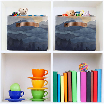 YEGAME Storage Basket Nature Mountain Rectangular Collapsible Canvas Shelves Storage Bins with Leather Handles for Shelves Home Closet Bedroom Living Room, 1Pack