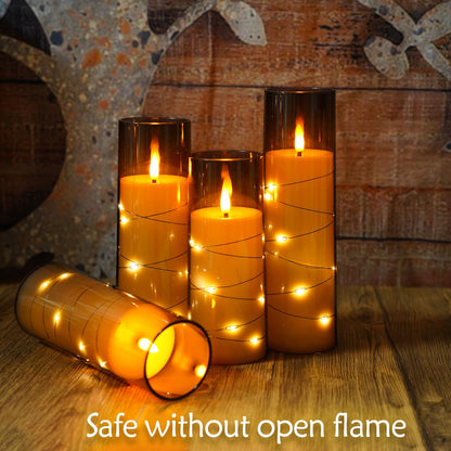 Eebuss Flameless Candles with Embedded Star String, Battery Operated LED Pillar Candles with Timer and Remote Control,Home Decorating for Ambiance， Set of 7(Grey)