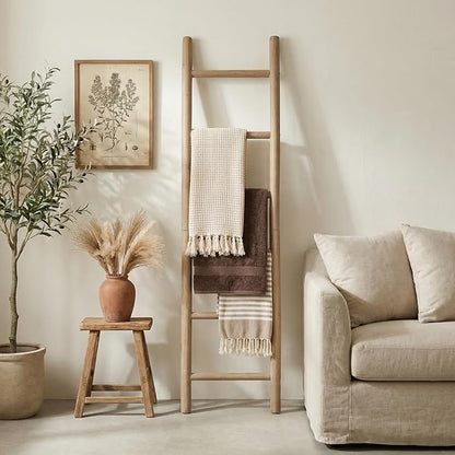 Wooden Blanket Ladder - 76in Natural Wood Color- Leaning Wall Decor for Bedroom, Bathroom, Living Room - Rustic Quilt Holder (Brown (Knock Down), 76in | Knock Down)