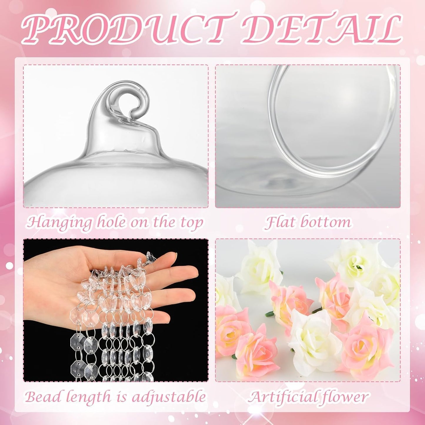 Yoande 12 Sets Hanging Candle Holder Wedding Glass Globe with Acrylic Gems Bead Garland Hanging Tea Light Candle Holder Orbs Container for Flower Plant Micro Landscape DIY Party Tree Decor 2.36 Inch