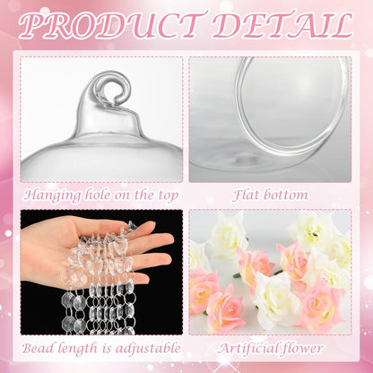 Yoande 12 Sets Hanging Candle Holder Wedding Glass Globe with Acrylic Gems Bead Garland Hanging Tea Light Candle Holder Orbs Container for Flower Plant Micro Landscape DIY Party Tree Decor 2.36 Inch