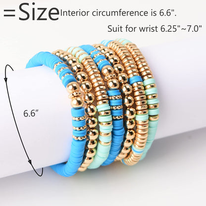 GOOJIDS Surfer Heishi Clay Bead Bracelets for Women Bohemian Stackable Gold Plated Beaded Stretch Bracelets Elastic Layering Friendship Bracelets Set Boho Jewelry