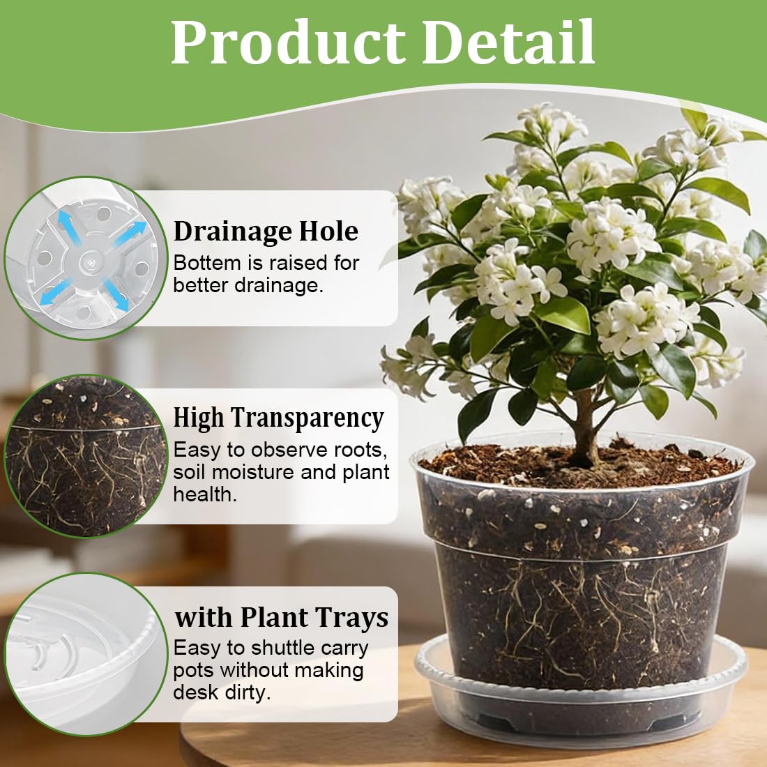 RooTrimmer 15 Pack 8/7/6 Inch Clear Nursery Pots with Saucer, Transparent Plastic Plant Pot with Drainage Hole, Sturdy Planting Starter Pots for Gardening Flower Herb Vegetable