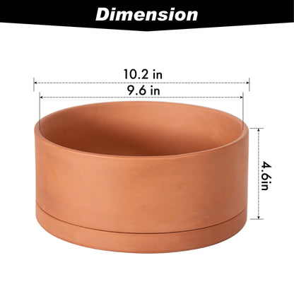 D'vine Dev 10 Inch Succulent Terracotta Shallow Pot with Drainage Hole and Saucer, Round Cylinder Planter Pot for Plant Flower, 40-Y-B-0