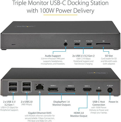 StarTech.com USB C Dock - Triple 4K Monitor USB Type-C Docking Station - 100W Power Delivery - DP 1.4 Alt Mode & DSC, 2X DisplayPort 1.4/HDMI 2.0-6xUSB (2X 10Gbps), SD - Windows/Chrome (DK31C2DHSPD)