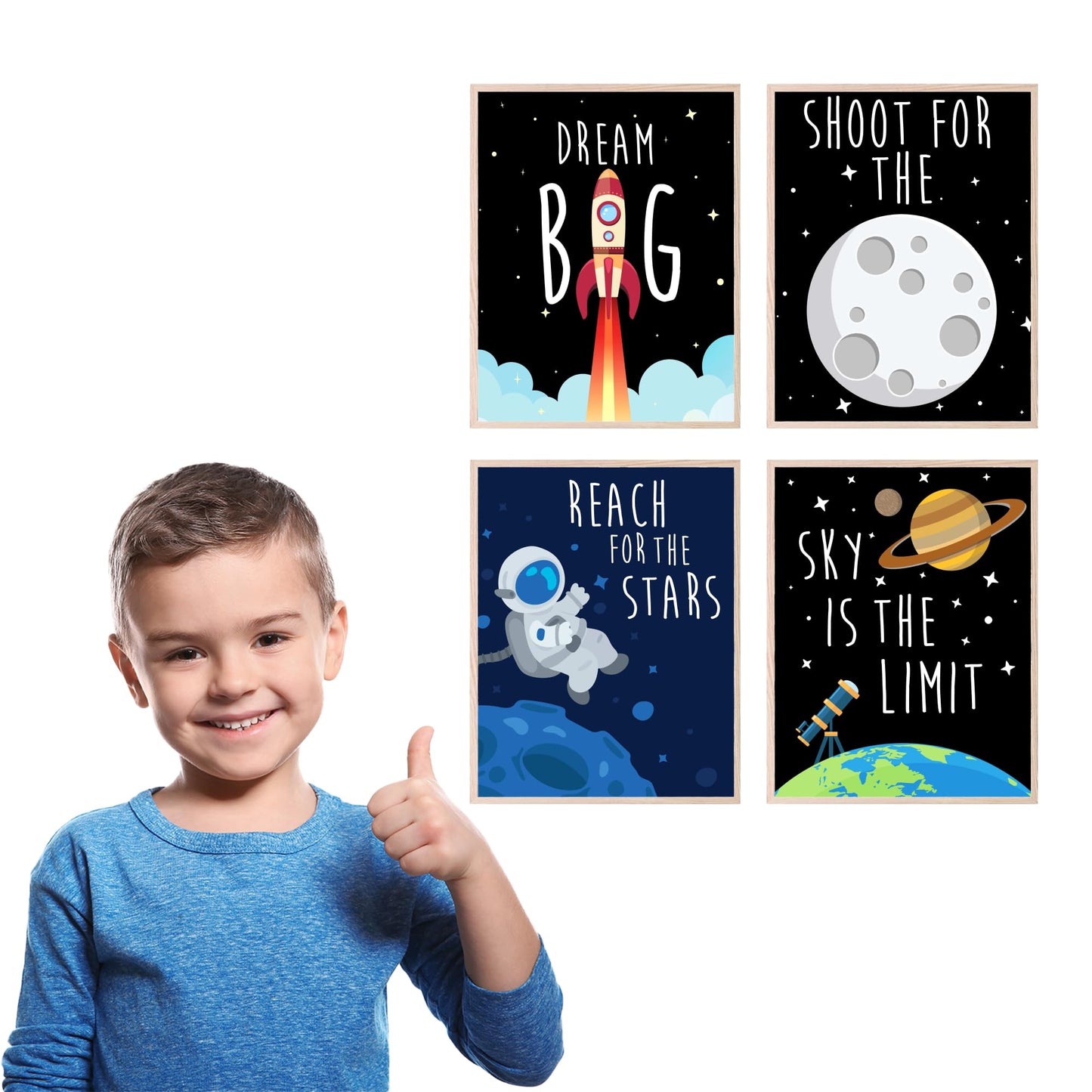 TnT Prints Space Wall Art for Kids, Solar System Posters for children, Posters for Boys or Girls Room - Unframed Set of 4 (8x10)