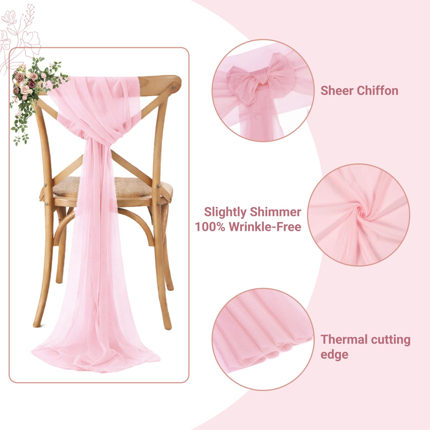 VDS Pack of 50, Blush Pink, Sheer Chiffon Chair Sashes Bows Chair Cover Back Tie Ribbon for Wedding Birthday Baby Shower Engagement Ceremony Event Party Banquet Restaurant Dining Chair Decoration