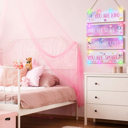 4 Pcs Space Room Decor for Kids Girls Pink Space Wall Art Bedroom Decor with Light and Remote Nursery Classroom Astronaut Galaxy Posters Spaceman Wood Sign Be Brave and Be Kind for Baby Girls