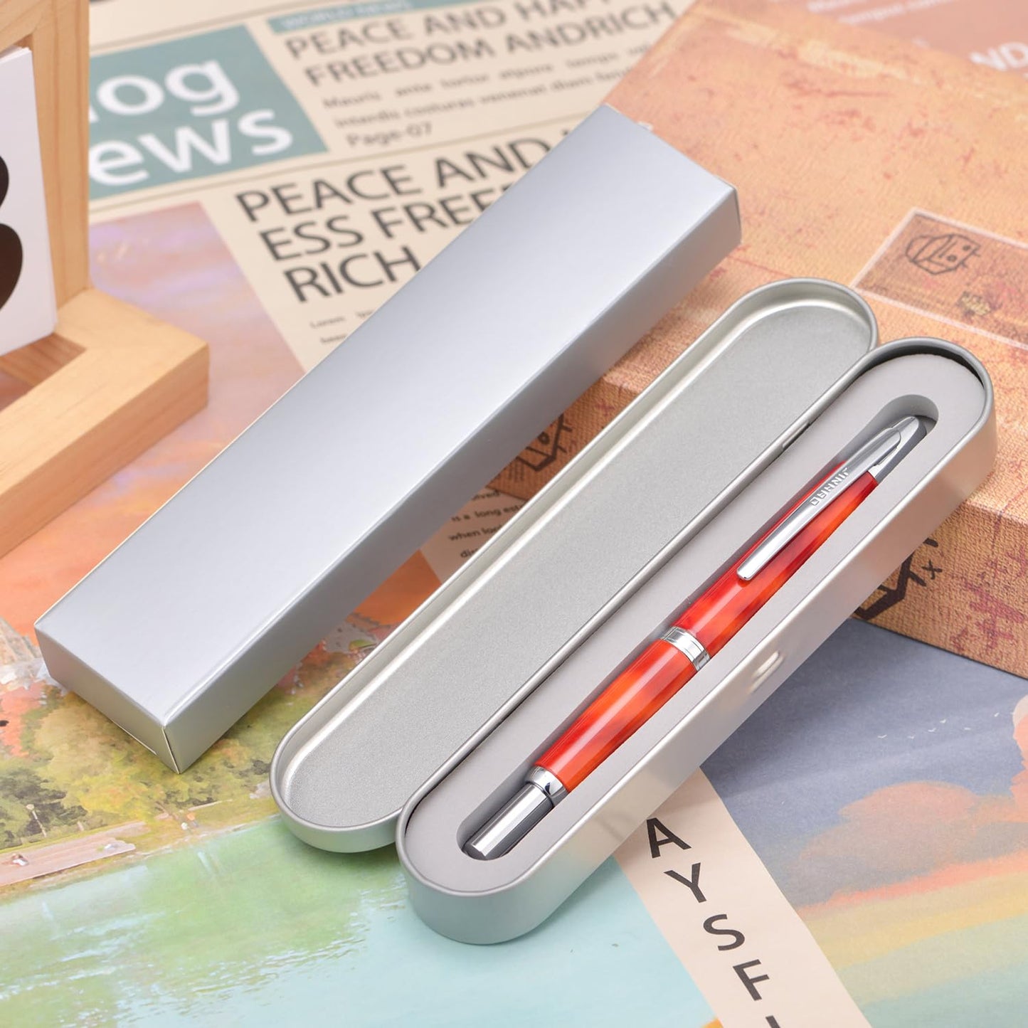 Jinhao 10 Press Fountain Pen with Box, Volcanic Red Retractable Extra Fine Nib with Ink Converter Set (Silver Clip)