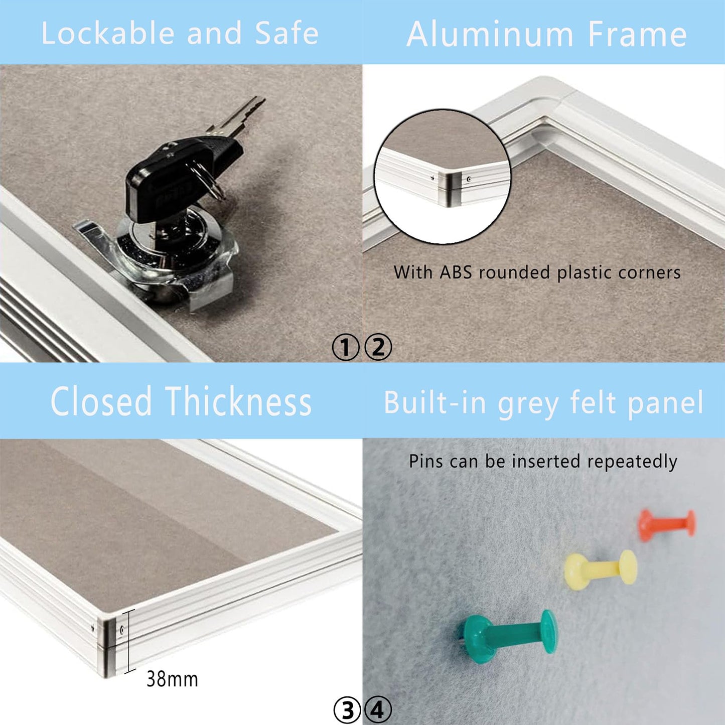 Boardest Enclosed Lockable Felt Bulletin Board 36x24 Inches - Notice Board with Acrylic Door & Keys - Silver Aluminum Frame Wall Mount Display Case for School, Office & Church