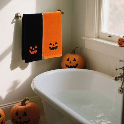 Whaline Halloween Hand Towels Pumpkin Face Embroidered Cotton Bathroom Towel Absorbent Bath Towel for Hand Drying Kitchen Cleaning Cooking, 29.5 x 13.7 Inch, 2Pcs
