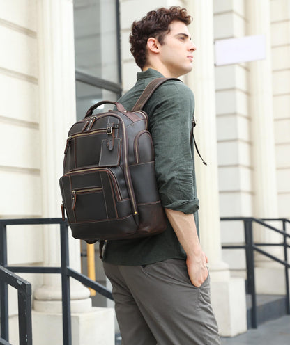 LANNSYNE Vintage Genuine Leather Backpack for men, 15.6" Laptop Backpack Travel Camping 24L Rucksack