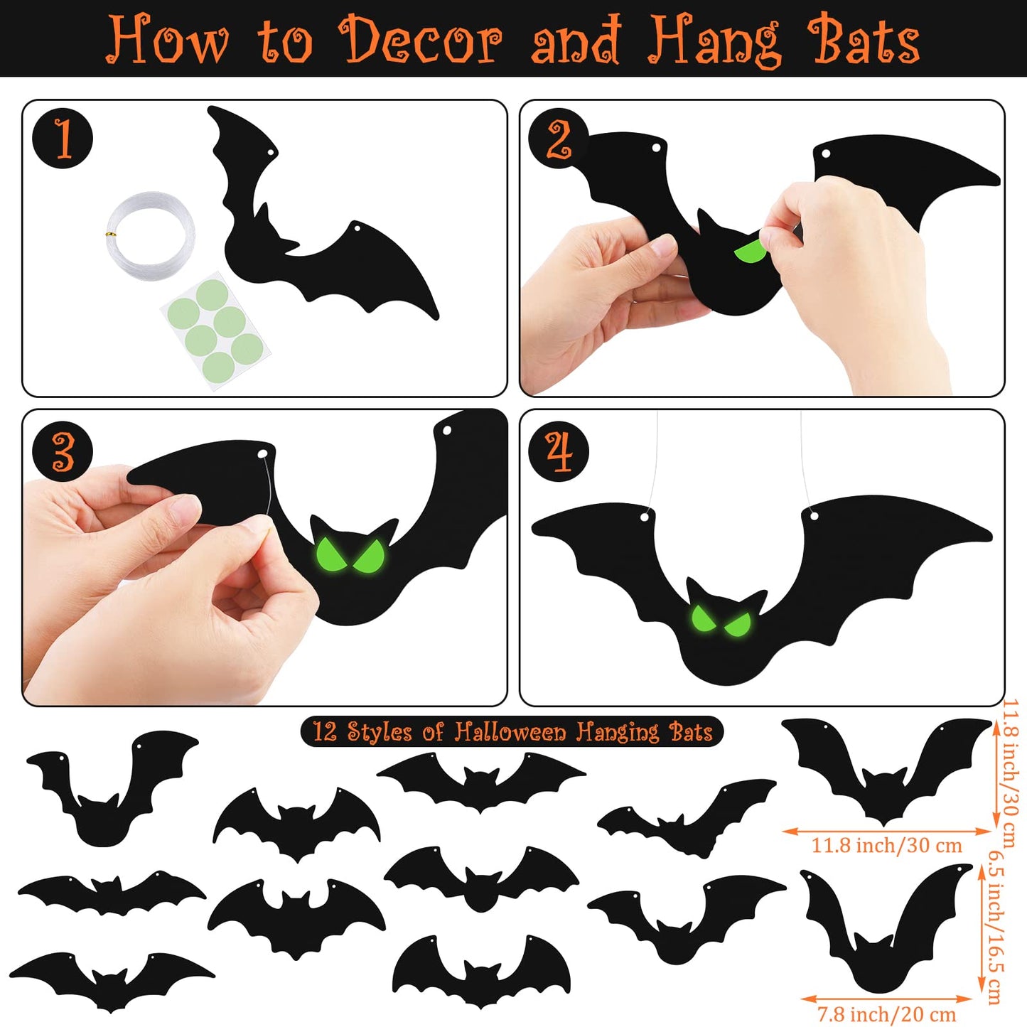 Fovths 12 Pieces Halloween Hanging Decoration With Glow Eyes - 6 Pack Black Witch Hat for Garden Yard Lawn Scary Decor Outside