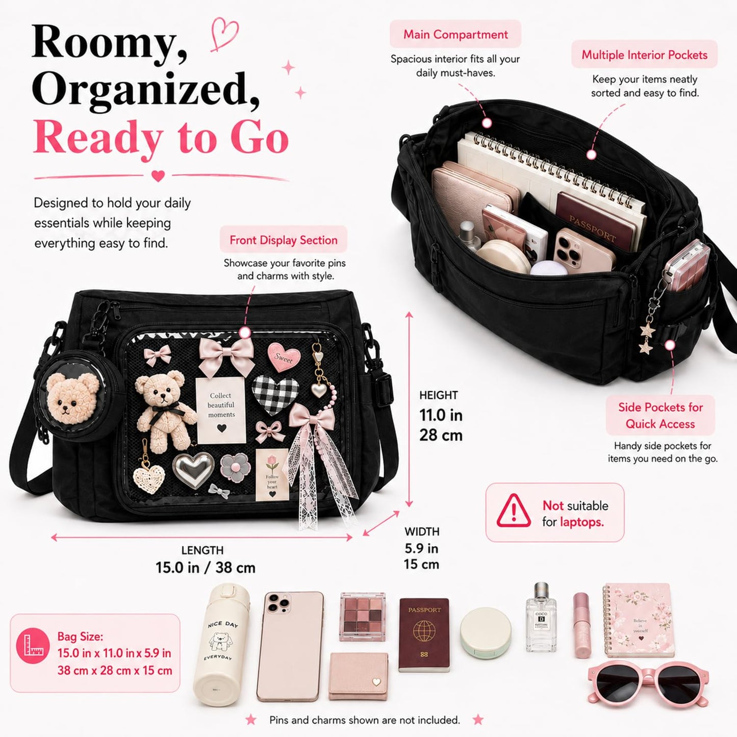 Inshere Ita Crossbody Bag, Nylon Messenger Bag with Clear Display Window and Detachable Pin Display Bag, Kawaii Shoulder Purse with Multiple Pockets, Black