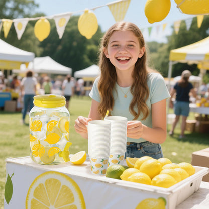 2 Piece Lemon Plastic Drink Dispenser and 40 Pcs Lemon Paper Party Cups 1 Gallon Iced Beverage Dispenser Tea Jar with Spigot and Carrying Lid Clear Dispenser for Lemonade Stand Lemon Juice Tea Beer