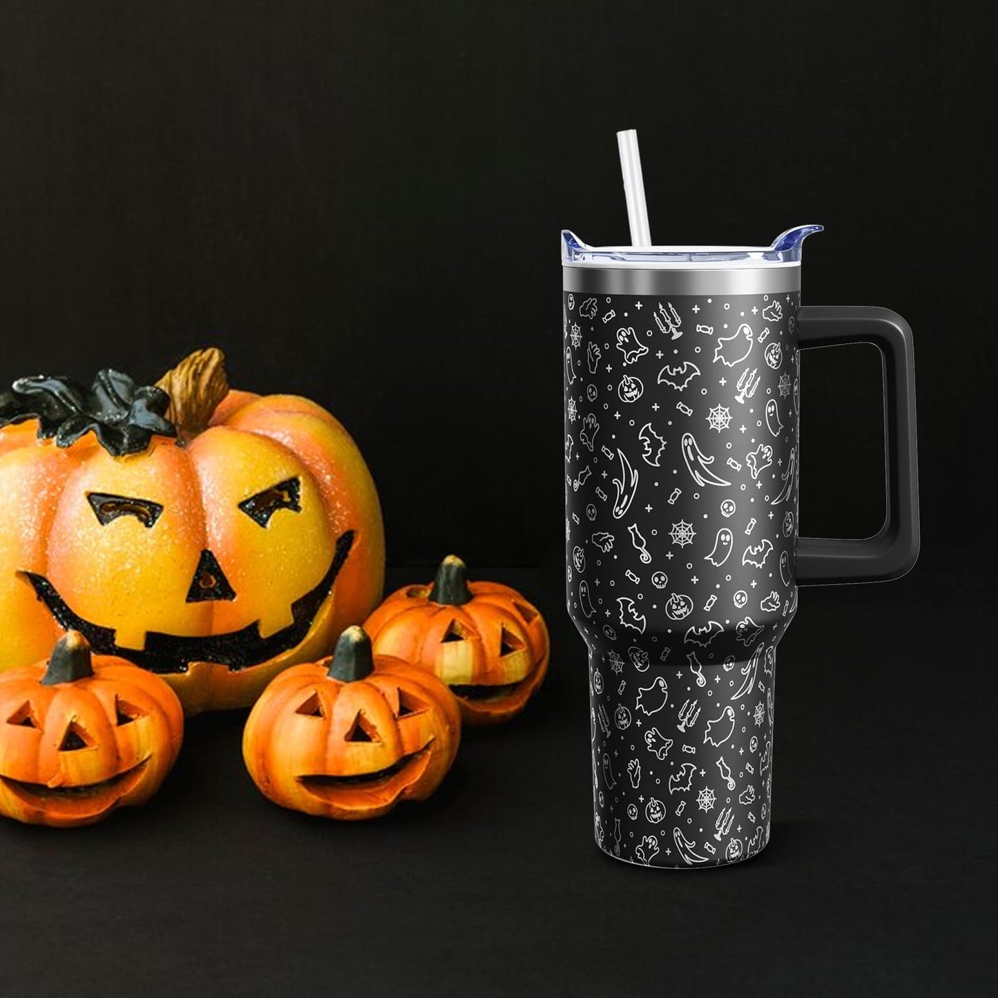 Sabobo Halloween Ghost Cup Gifts for Women Men, Spooky 40oz Tumbler with Handle and Straw, Holiday Black Engraved Stainless Steel Insulated Water Bottle (1 PC)