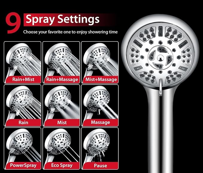 GRICH 2.5GPM Shower Head with Handheld Spray Combo: 2 in 1 Rainfall Shower Heads high pressure & Handheld Shower Head, 9 Spray Modes/Settings Detachable Shower Head with 60 Inch Hose, Chrome Filtered