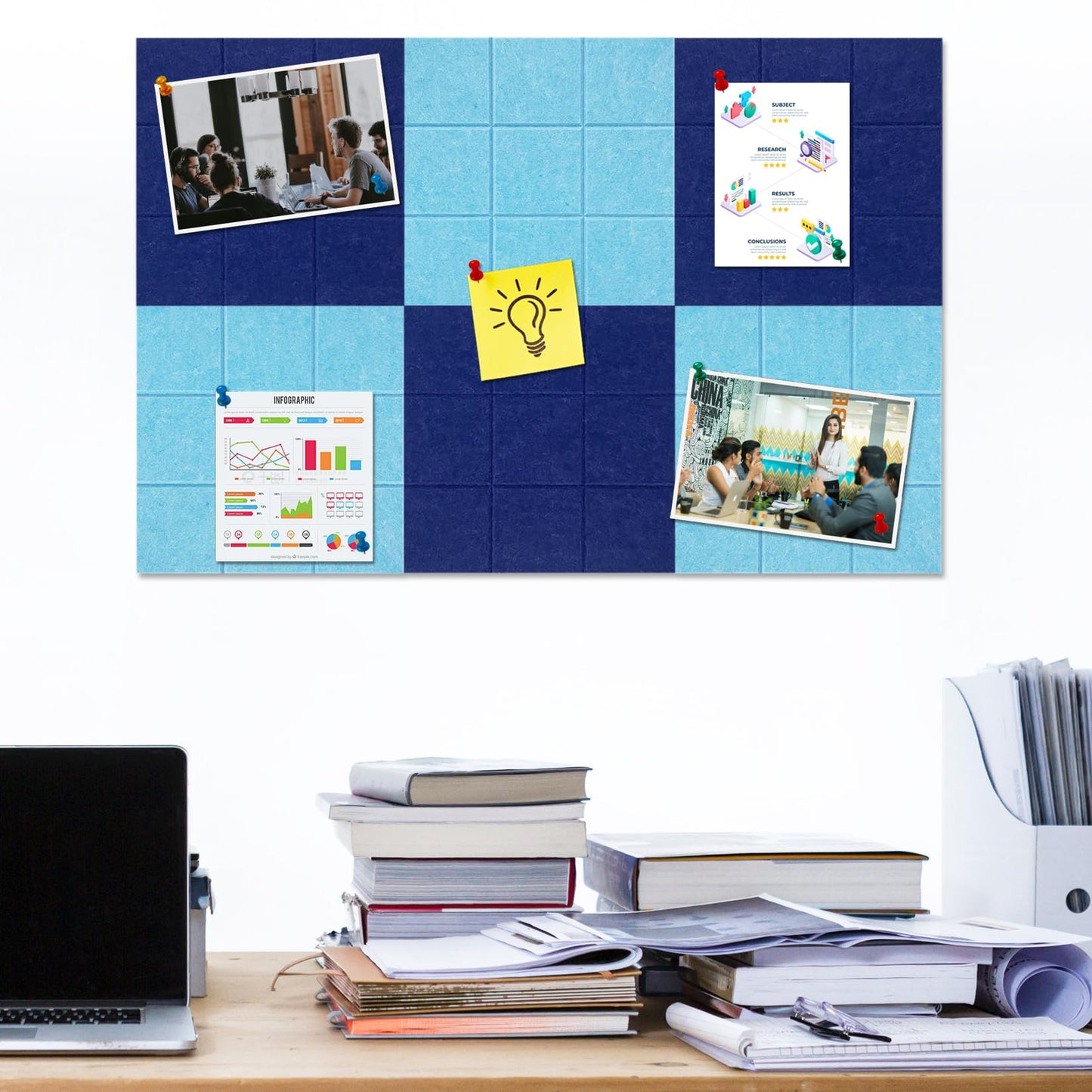 HULAVO Large Square Felt Cork Board Tiles, Self Adhesive DIY Felt Bulletin Board with 35 Pushpins for Office School Home Wall Decor Stickers Memos (Dark Blue & Sky Blue)