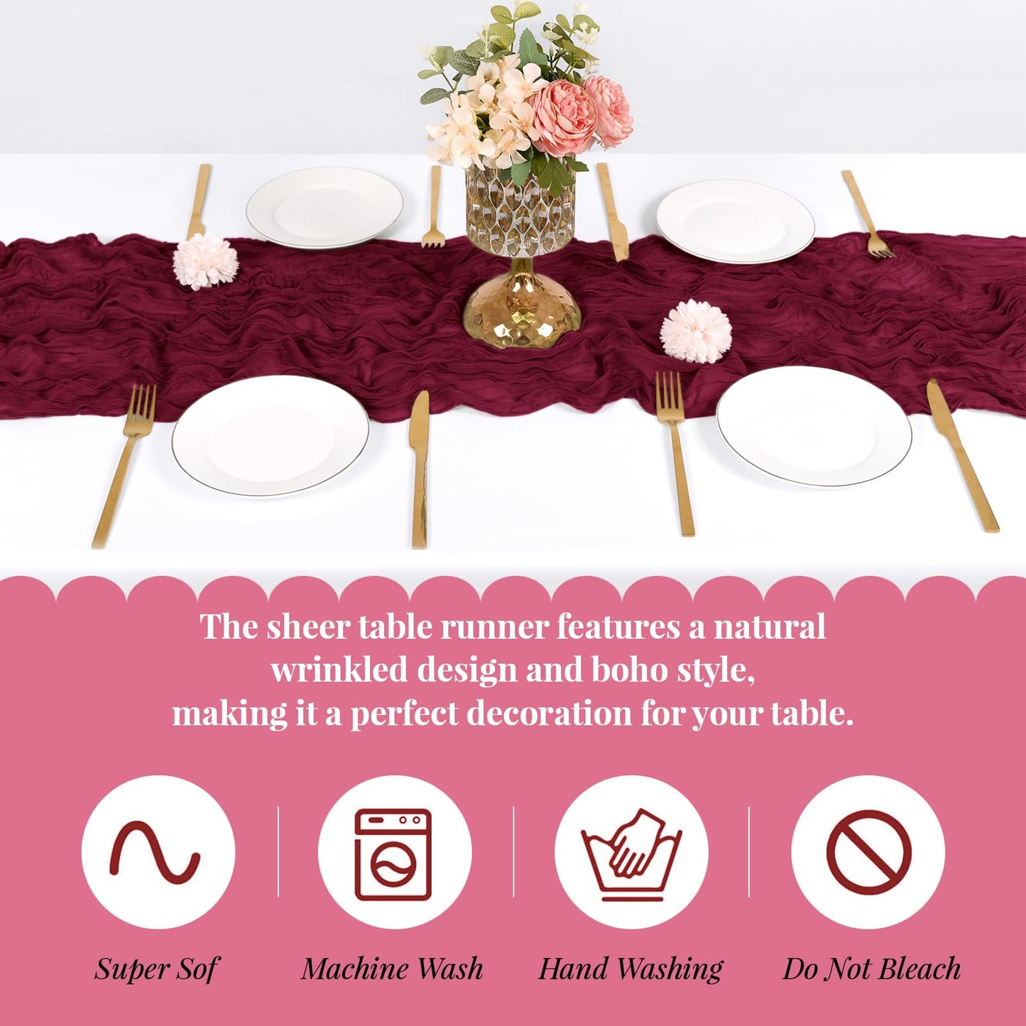 Yorcari 3 Pack Burgundy Cheesecloth Table Runner, 17 x 108 Inch, Gauze Cheese Cloth Table Runner Rustic Sheer Runner for Wedding Birthday Party Baby Shower Table Decor(Burgundy)