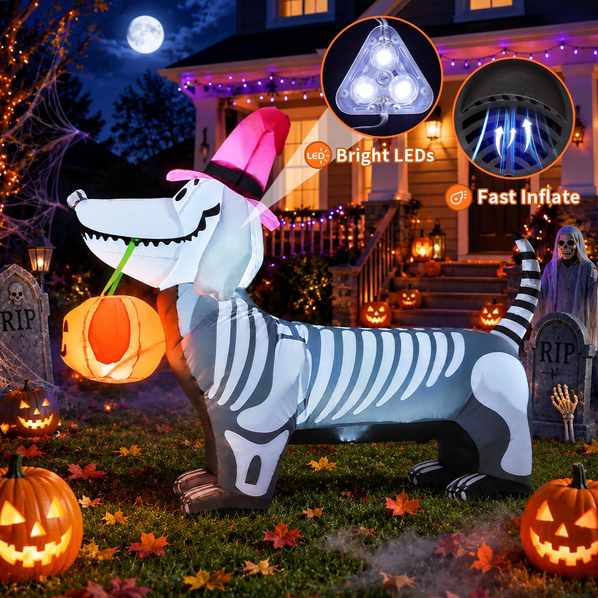 GOOSH 5.5 FT Halloween Inflatables Outdoor Decorations Skeleton Puppy Inflatable Yard Decoration with Build-in LEDs Blow Up Pumpkin for Halloween Party Indoor Outdoor Yard Garden
