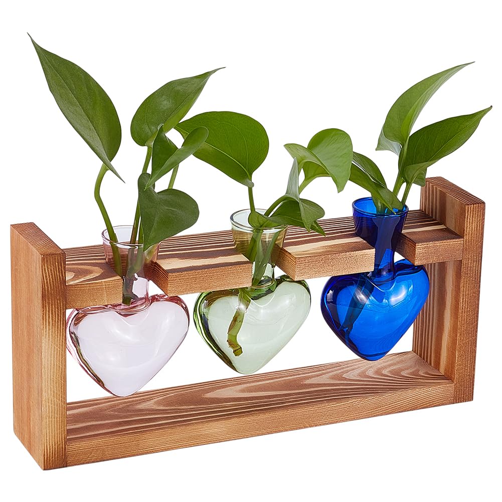 UNICRAFTALE Hydroponics Plant Propagation Stations Plant Terrarium with Wooden Stand Air Plants Bulb Heart Glass Vase for Hydroponics Home Garden Office Decoration Unique Gardening Gifts 11"x3.03"