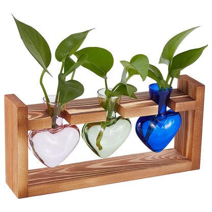 UNICRAFTALE Hydroponics Plant Propagation Stations Plant Terrarium with Wooden Stand Air Plants Bulb Heart Glass Vase for Hydroponics Home Garden Office Decoration Unique Gardening Gifts 11"x3.03"