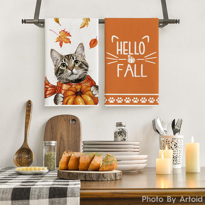 Artoid Mode Cat Pumpkin Hello Fall Kitchen Towels Dish Towels, 18x26 Inch Farmhouse Thanksgiving Scarf Maple Leaves Decoration Hand Towels Set of 2