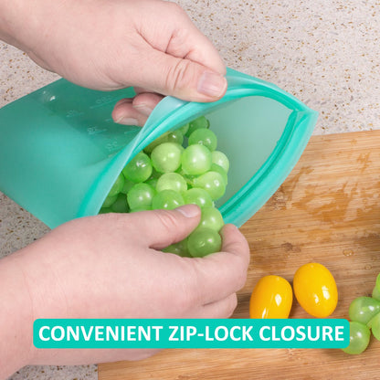 Reusable Food Bags, 12 Pack 100% Silicone Food Storage Bags Stand Up Zip Lock Container, Freezer Microwave Oven Dishwasher Safe, 4 Medium 4 Small 4 Extra Small, Aqua
