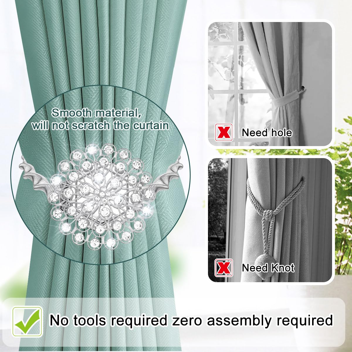 AULEEP Magnetic Curtain Tiebacks, 4 Pack Magnetic Crystal Decorative Drapes Curtain Clips Buckle, Flower Curtain Tie Back, European and American Style (Silver)