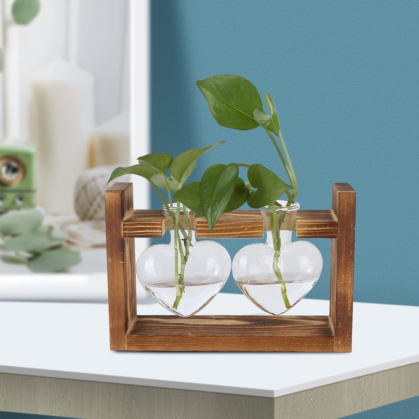 Heart Shaped Glass Hydroponic Vase with Retro Wooden Stand, Plant Propagation Stations with Wooden Stand, Desktop Plant Terrarium for Home Office Desk Decor (Retro Frame + 2 Heart Bottles)