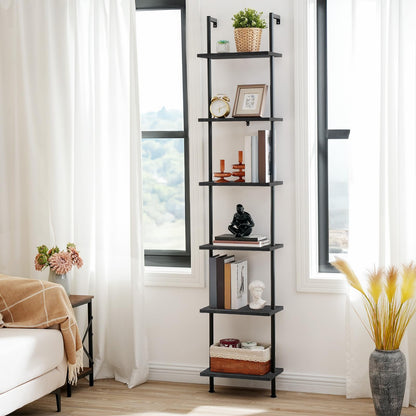 HOOBRO DIY Ladder Shelf, 6-Tier Wooden Wall Mounted Bookshelf, Narrow Bookcase, Display Shelf, Storage Rack, Plant Stand, for Living Room, Bedroom, Study, Balcony, Black BB651CJ01