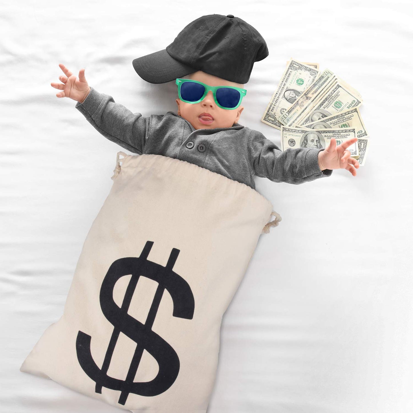 Boao 19.7 x 15.8 Inch Extra Large Money Bags Prop Money Dollar Sign Drawstring Canvas Bag with Dollar Symbol for Toy Favor Cosplay Themed Party