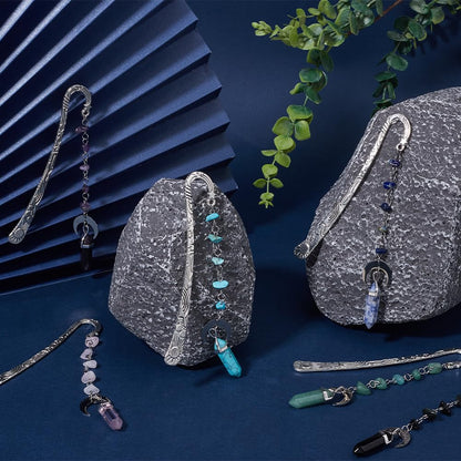 SUNNYCLUE 6Pcs Stone Bookmarks Charm Book Marks Antique Silver Metal Alloy Vintage Natural Synthetic Gemstones Crystal Dangle Pendant Hook Book Makers for Books Teacher Friend Reading Accessories