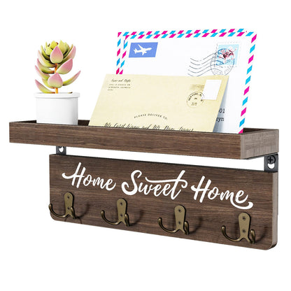buways Wall-Mounted Key and Mail Holder, Wooden Key Rack with 4 Double Key Hooks, Rustic Home Decor for Entryway
