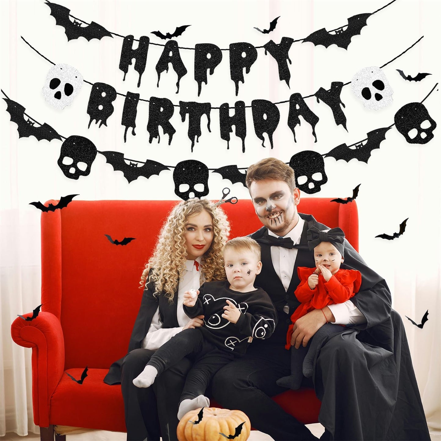 Black Glittery Happy Birthday Halloween Banner Bats Skull 3D Bat Sticker for Horror Birthday Party Decorations Scary Party Decor