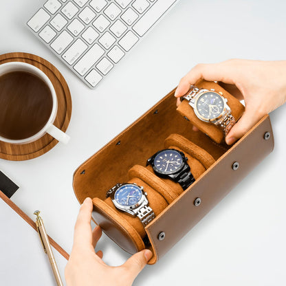 ROSELLE Watch Roll Travel Case for Men and Women- 3 Watch Storage and Organizer-Secure Storage with Innovative Removable Pillows & Solid Dividers for Home, Travel and Display(Brown)