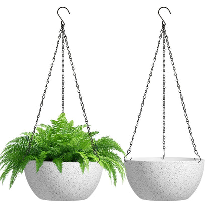 T4U 10 Inch Hanging Planters for Indoor Outdoor Plants - 2 Pack Plastic Hanging Flower Plant Pot with Drainage Hole, Round Hanging Plant Basket for Home Garden Porch Balcony Patio Decor (White)